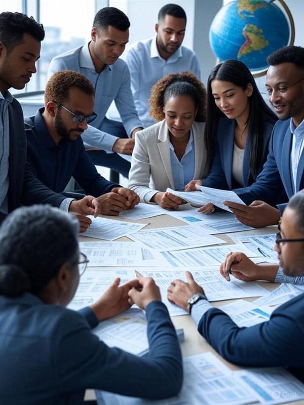 A diverse group of professionals sits around a table, collaborating and reviewing documents and charts in an office setting with a world globe in the background.