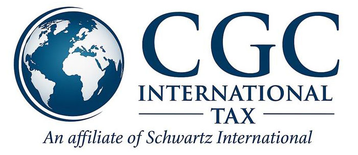 Logo of CGC International Tax with a blue and white globe graphic on the left. Text reads: CGC International Tax, An affiliate of Schwartz International.