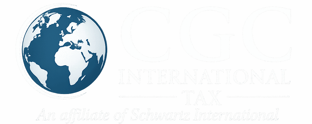 Logo for CGC International Tax, featuring a blue and white globe on the left and the text “CGC International Tax – An affiliate of Schwartz International” to the right on a gray background.