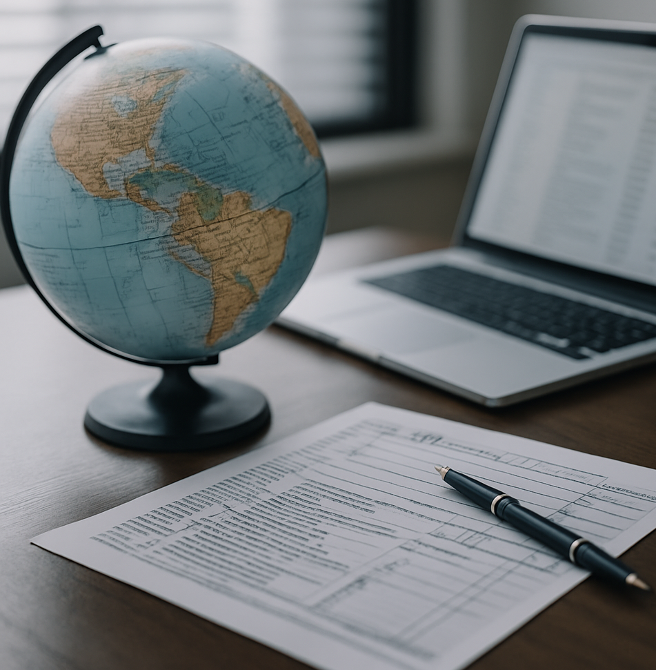 A globe, a pen, and a printed document rest on a desk next to an open laptop, suggesting a workspace involving research or travel planning.