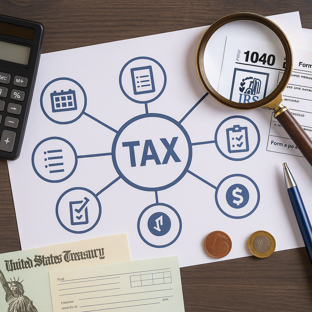 A paper with a central “TAX” graphic connected to various icons is on a desk. Around it are a calculator, magnifying glass, Form 1040, pen, coins, and U.S. Treasury checks, representing tax preparation and finances.