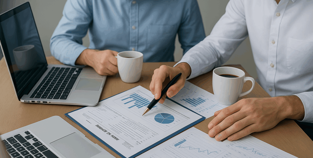 Two people sit at a table with laptops, coffee cups, and printed charts. One person points to a pie chart on a document, while the other listens, suggesting a business meeting or financial discussion.