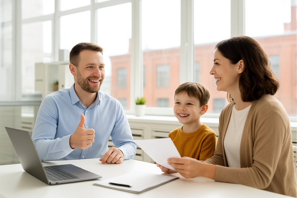 A man gives a thumbs up while sitting at a desk with a woman and a smiling child. The woman holds papers, and a laptop and clipboard are on the desk. They appear to be in a bright, modern office.