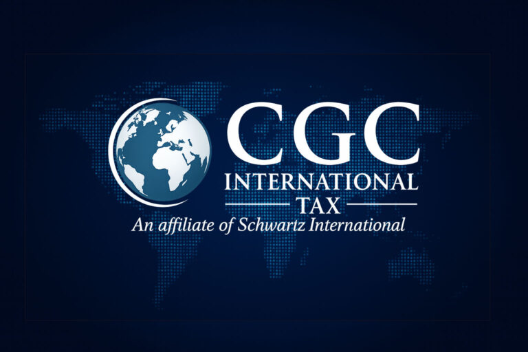CGC International Tax logo with a globe icon and the text An affiliate of Schwartz International on a blue background with a faint world map.