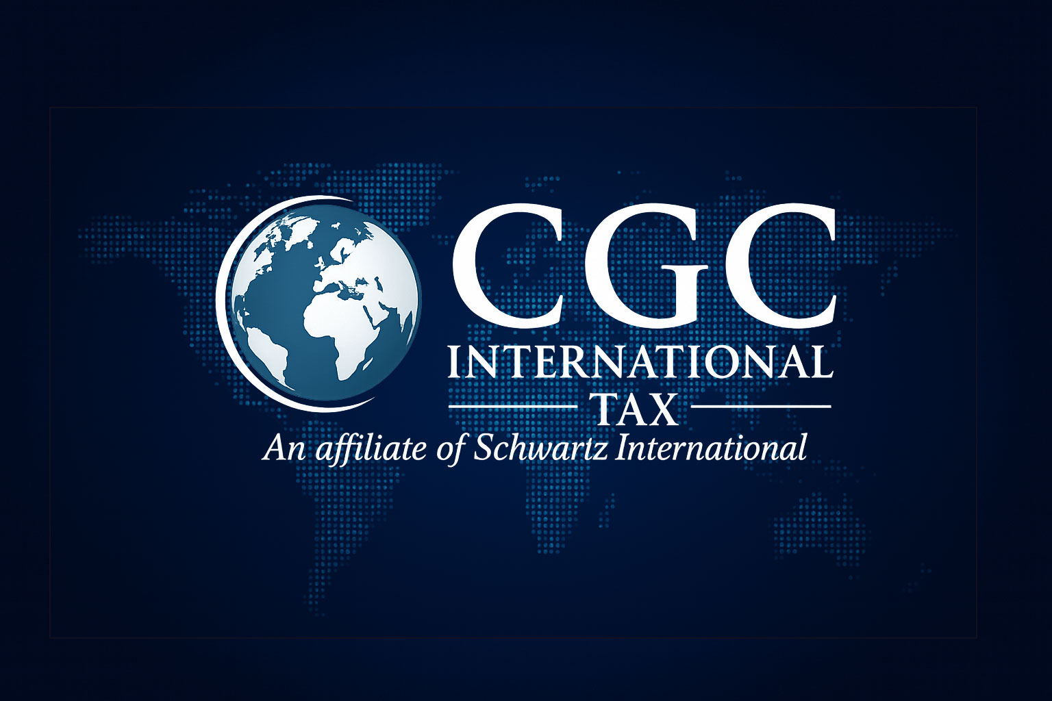 CGC International Tax logo with a globe icon and the text An affiliate of Schwartz International on a blue background with a faint world map.