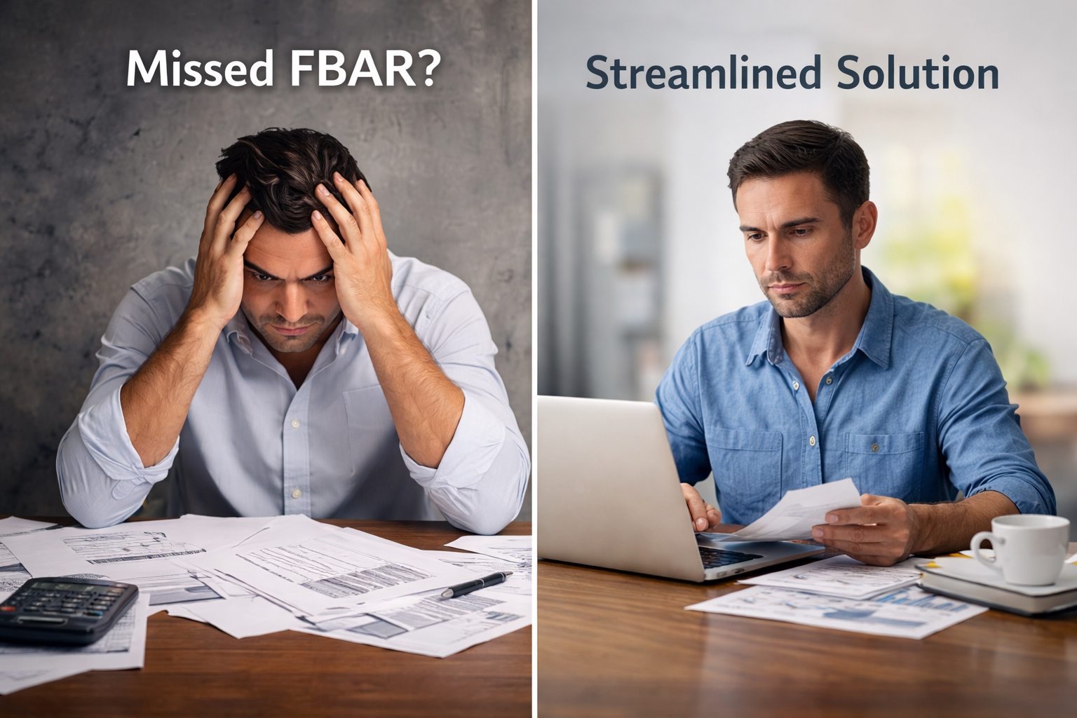 Split image: Left side shows a stressed man with hands on head, surrounded by papers and a calculator, with text “Missed FBAR?” Right side shows a calm man using a laptop, with text “Streamlined Solution.”.