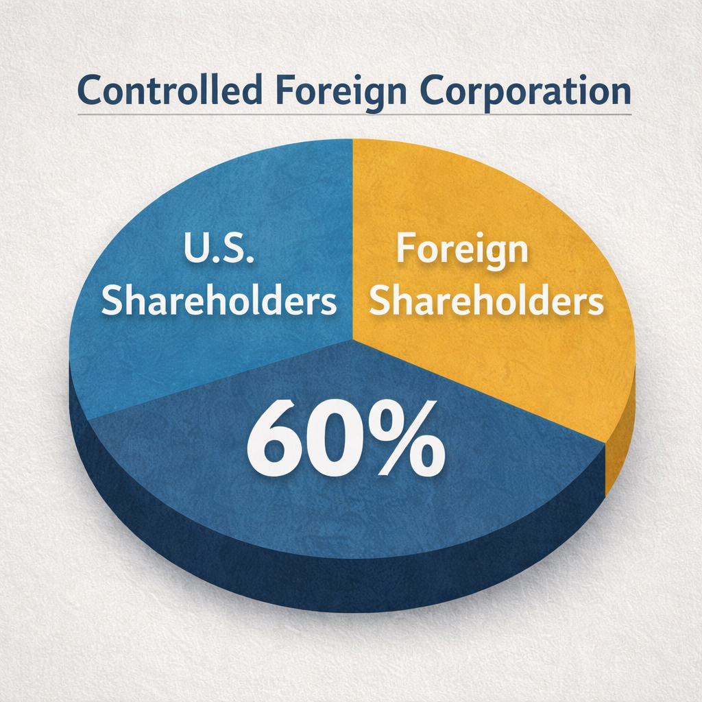 A pie chart titled Controlled Foreign Corporation shows 60% of shares are held by U.S. Shareholders, and the remainder by Foreign Shareholders.