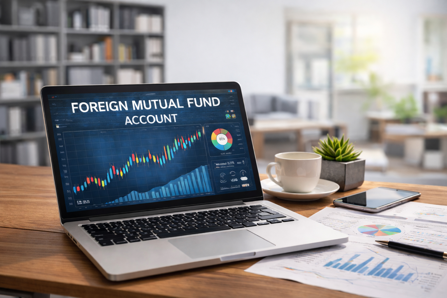 A laptop displaying a Foreign Mutual Fund Account dashboard with graphs and charts sits on a wooden desk next to papers, a cup of coffee, a plant, and office supplies in a bright office setting.