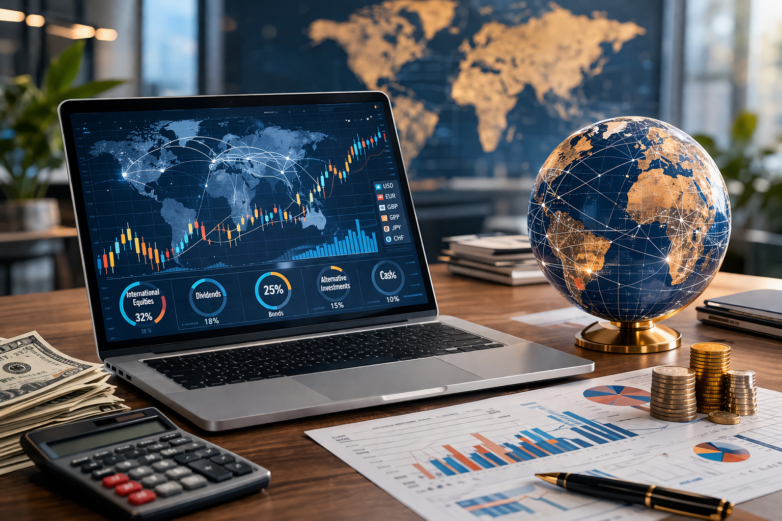 A laptop displays global financial charts and graphs on a desk with a calculator, cash, coins, financial documents, and a globe. A large world map is visible on the wall in the background, suggesting a global economy theme.