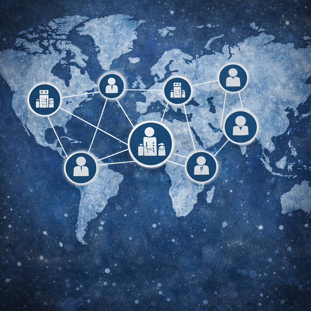 A world map with interconnected icons of people and buildings, symbolizing a global network or communication system across different countries.