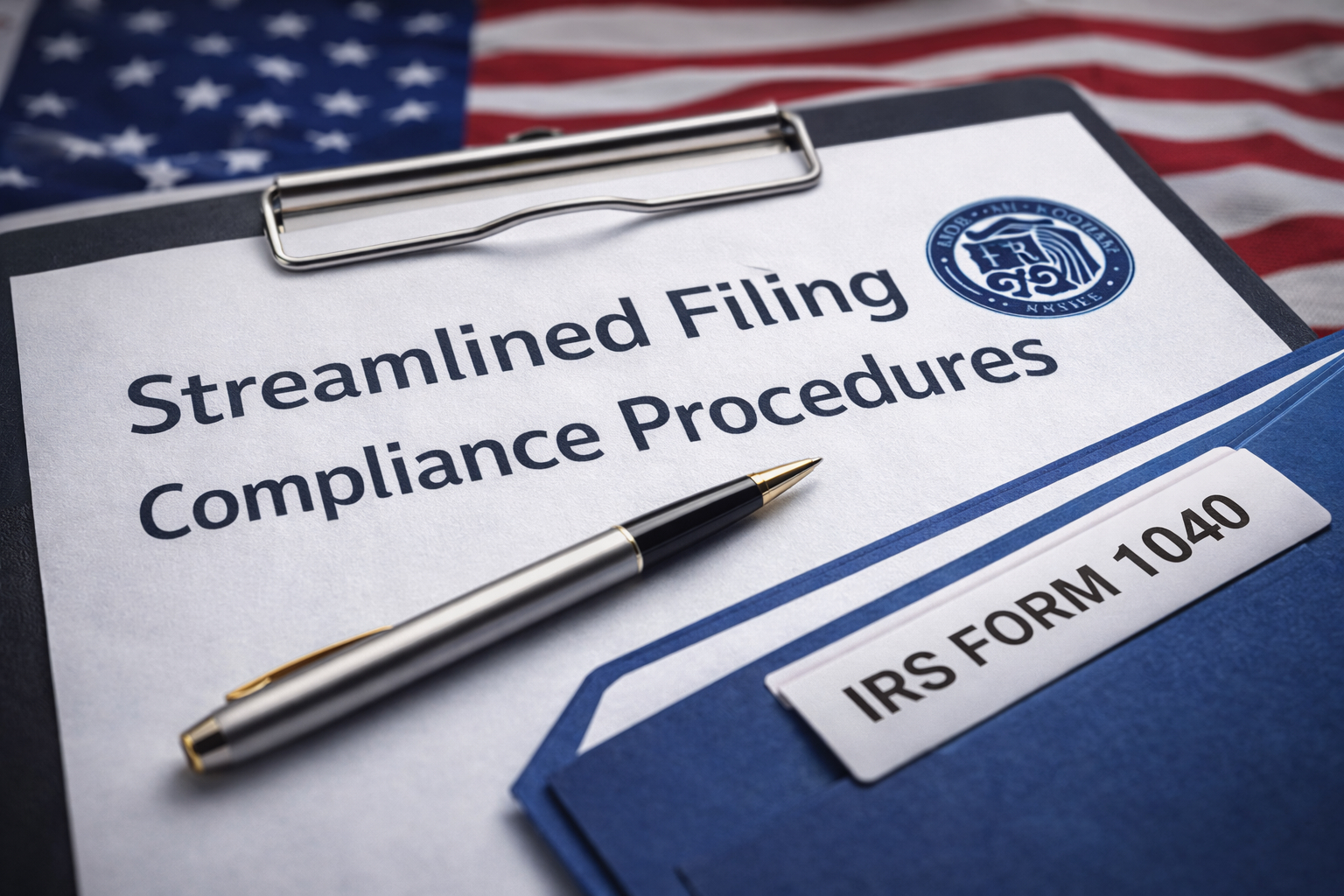 A clipboard with a document titled “Streamlined Filing Compliance Procedures,” a pen, a folder labeled “IRS FORM 1040,” and part of an American flag in the background.